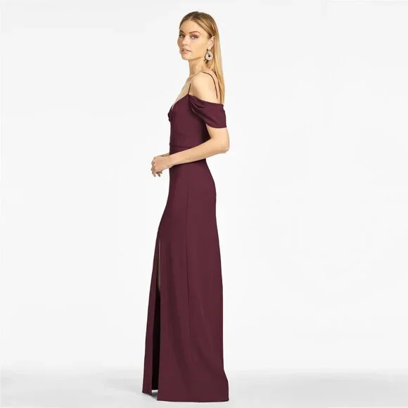 NWT SACHIN + BABI Brittany Gown in Deep Wine Off-Shoulder Crepe Maroon Merlot 18 - Picture 2 of 9